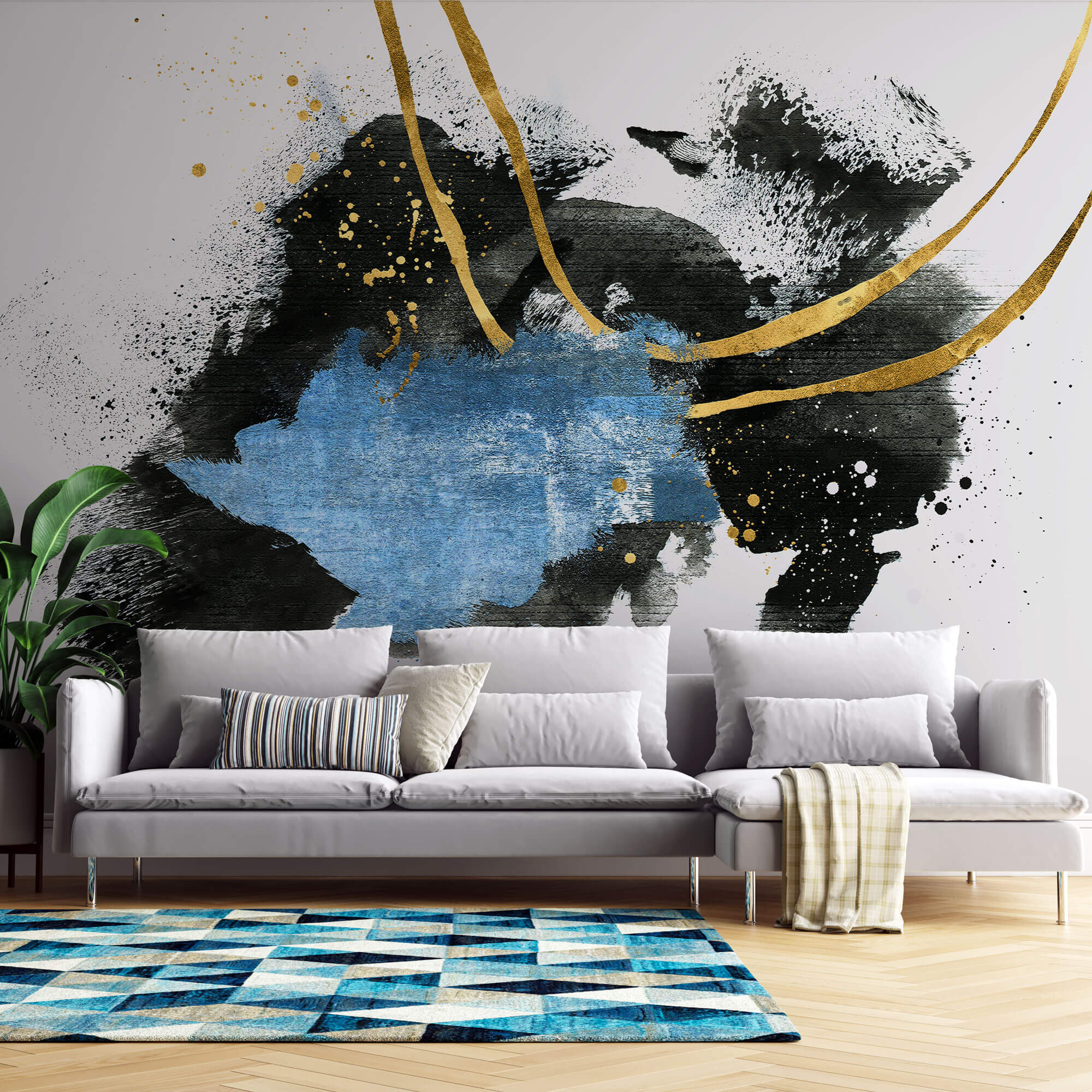 Tapet Personalizat Fine Art cu pictura artistica de accent in nuante de albastru negru si auriu 2 - TEXTURED SPLASH DOWN