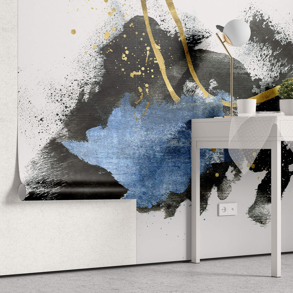 Tapet Personalizat Fine Art cu pictura artistica de accent in nuante de albastru negru si auriu 2 - TEXTURED SPLASH DOWN