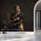 Tapet Personalizat Fine Art cu femeie in haine medievale in realitatea moderna - MEDIEVAL BUBBLEGUM