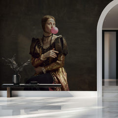 Tapet Personalizat Fine Art cu femeie in haine medievale in realitatea moderna - MEDIEVAL BUBBLEGUM