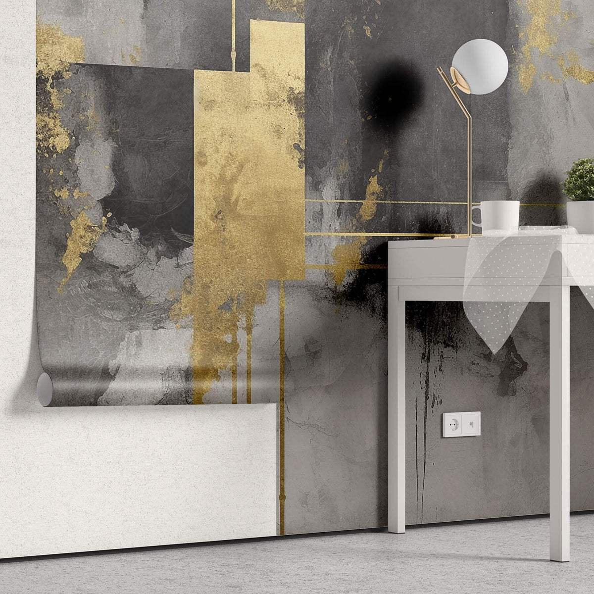 Tapet Personalizat Fine Art cu vopsea cimentata in nuante de gri si insertii aurii - INDUSTRIAL FINE ART