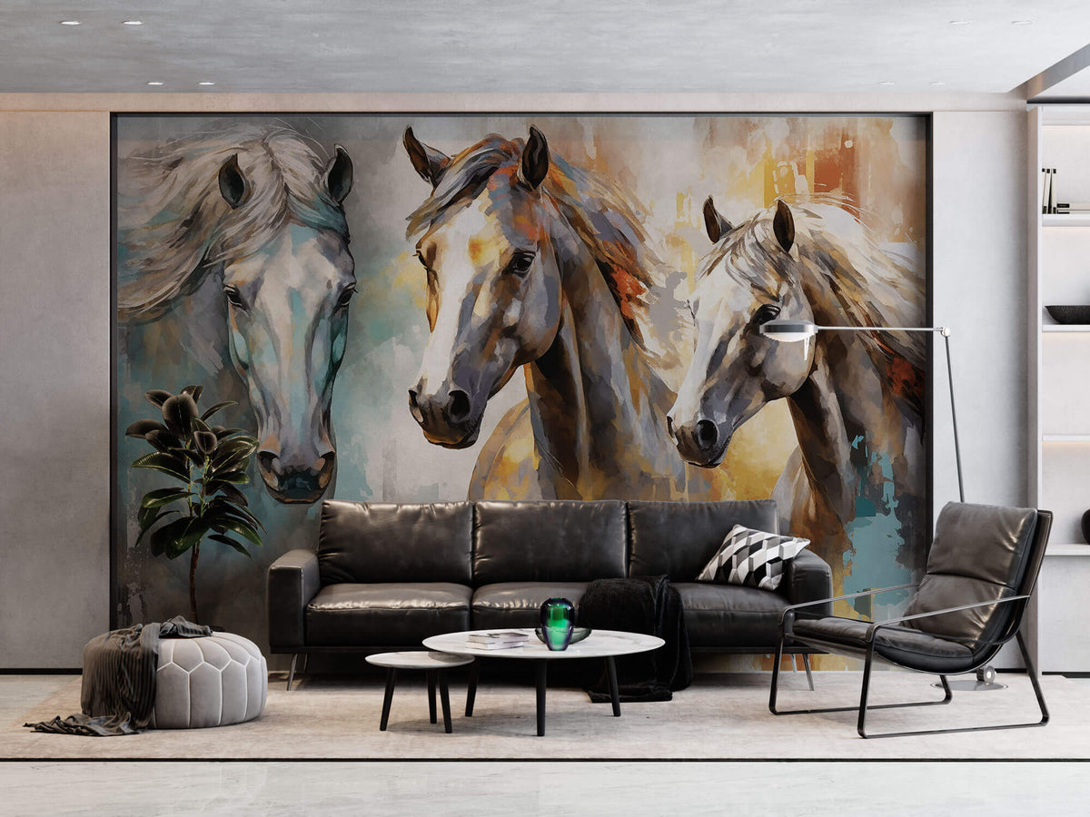 Tapet Personalizat Fine Art cu trei cai pictati in stil abstract - HIGH HORSES