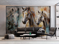 Tapet Personalizat Fine Art cu trei cai pictati in stil abstract - HIGH HORSES