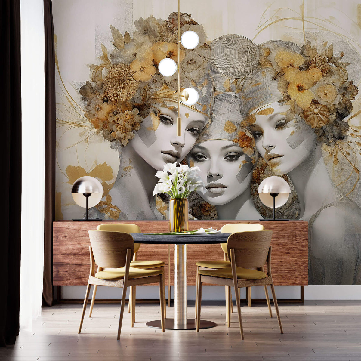 Tapet Personalizat Fine Art cu 3 femei cu accesorii florale si fundal texturat - OH MADDAME