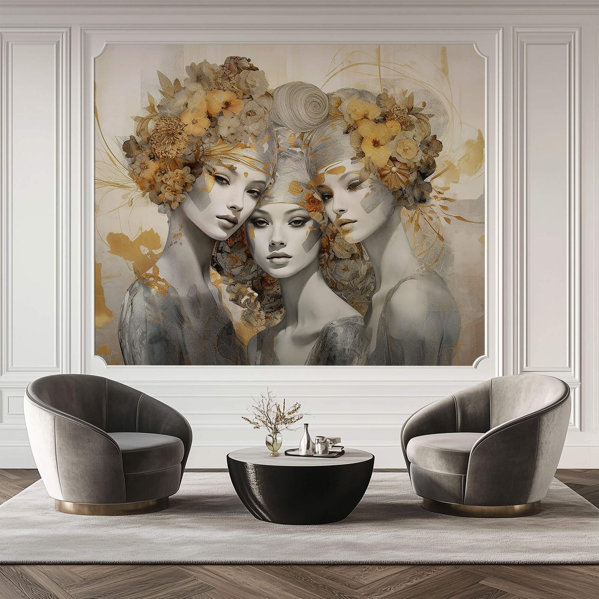 Tapet Personalizat Fine Art cu 3 femei cu accesorii florale si fundal texturat - OH MADDAME