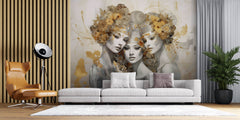 Tapet Personalizat Fine Art cu 3 femei cu accesorii florale si fundal texturat - OH MADDAME