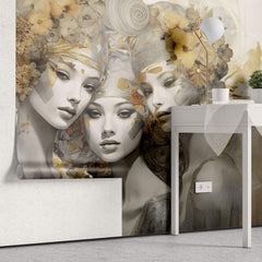 Tapet Personalizat Fine Art cu 3 femei cu accesorii florale si fundal texturat - OH MADDAME