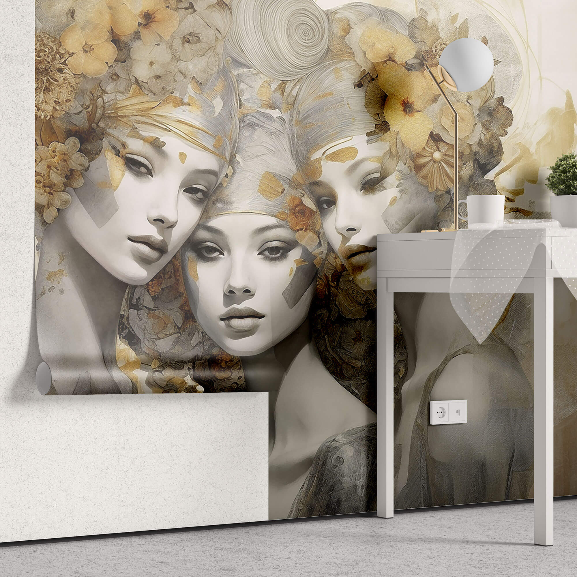 Tapet Personalizat Fine Art cu 3 femei cu accesorii florale si fundal texturat - OH MADDAME