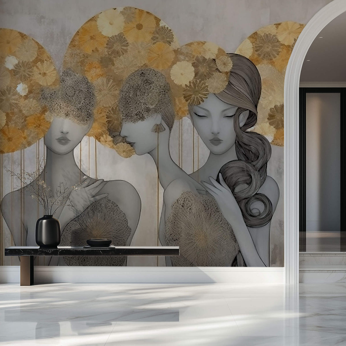 Tapet Personalizat Fine Art cu 3 siluete feminine si elemente florale pe fundal texturat - GOLDEN AURA