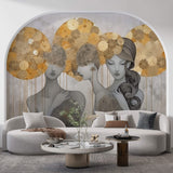 Tapet Personalizat Fine Art cu 3 siluete feminine si elemente florale pe fundal texturat - GOLDEN AURA
