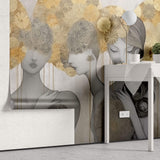 Tapet Personalizat Fine Art cu 3 siluete feminine si elemente florale pe fundal texturat - GOLDEN AURA