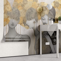 Tapet Personalizat Fine Art cu 3 siluete feminine si elemente florale pe fundal texturat - GOLDEN AURA