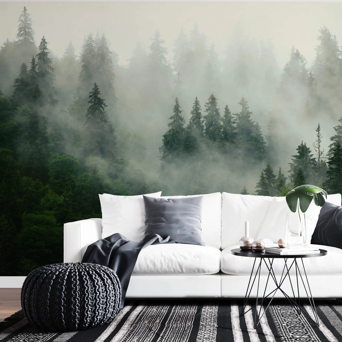 Tapet personalizat fotografie cu padure verde acoperita in ceata misty forest