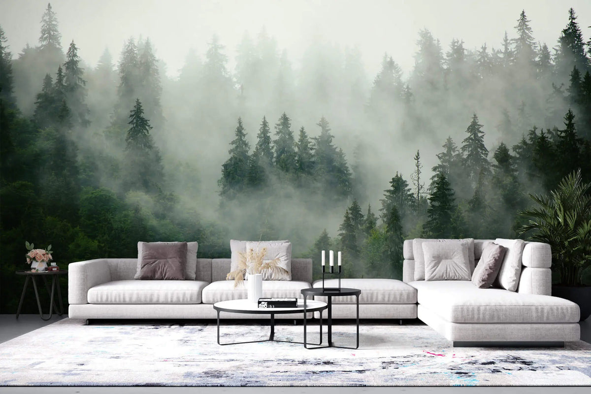 Tapet personalizat fotografie cu padure verde acoperita in ceata misty forest