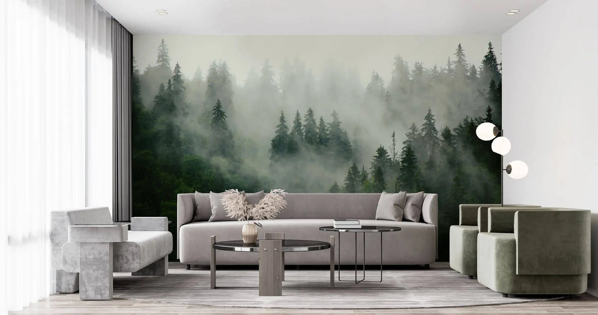 Tapet personalizat fotografie cu padure verde acoperita in ceata misty forest