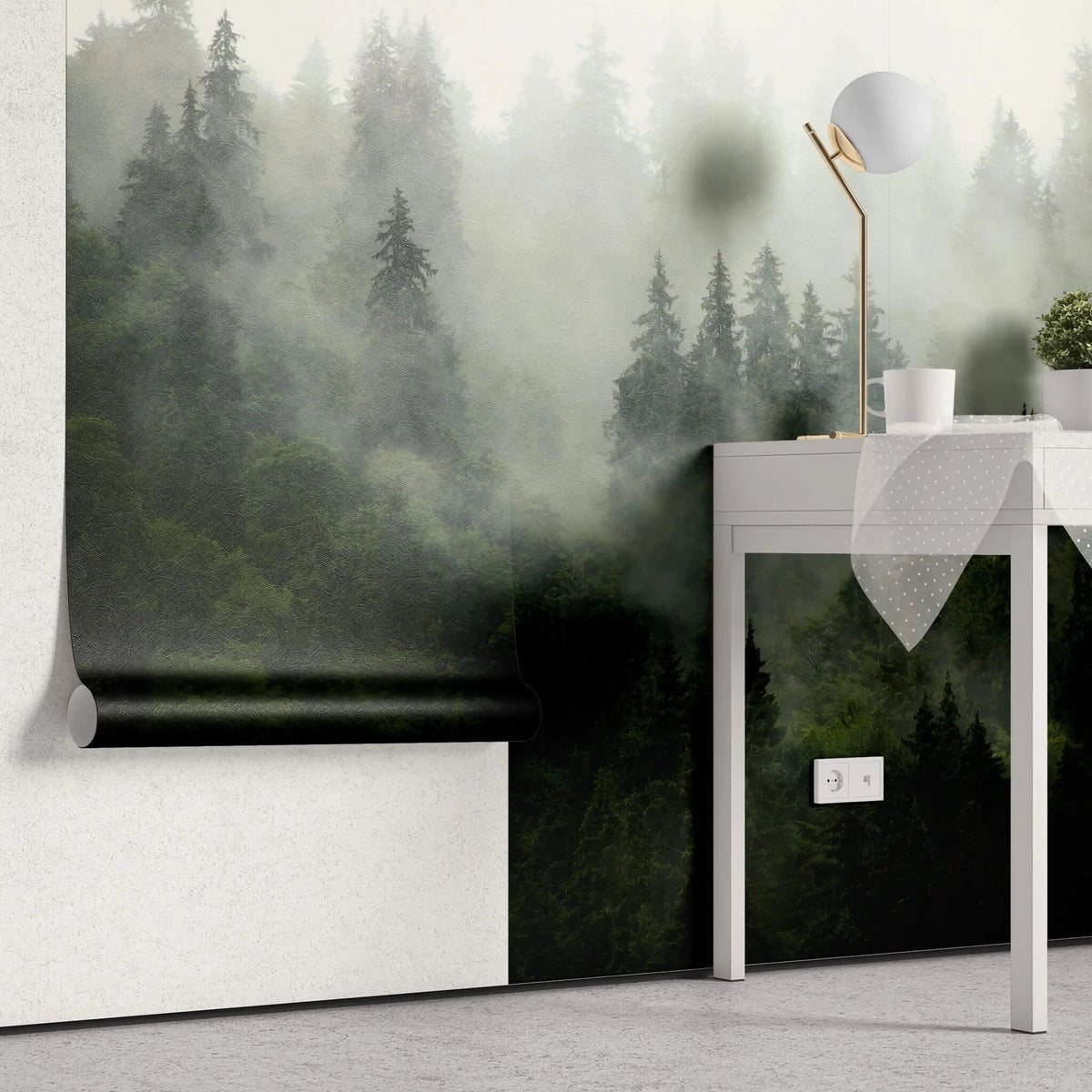Tapet personalizat fotografie cu padure verde acoperita in ceata misty forest