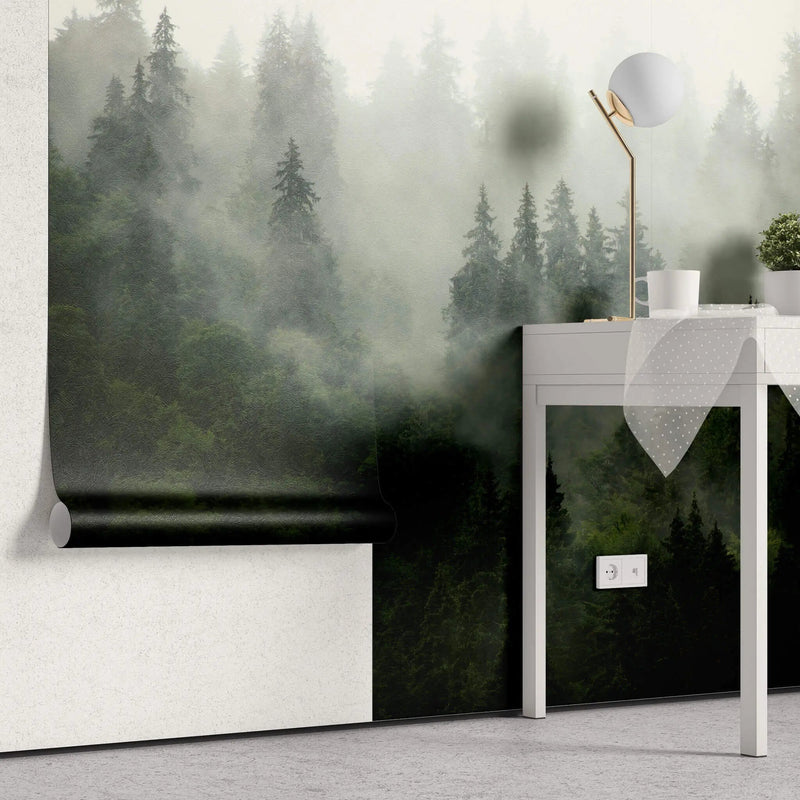 Tapet personalizat fotografie cu padure verde acoperita in ceata misty forest