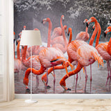 Tapet personalizat fotografie cu pasari flamingo intr un cadru de natura inzapezita snowy flamingo