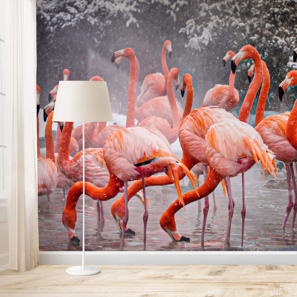 Tapet personalizat fotografie cu pasari flamingo intr un cadru de natura inzapezita snowy flamingo