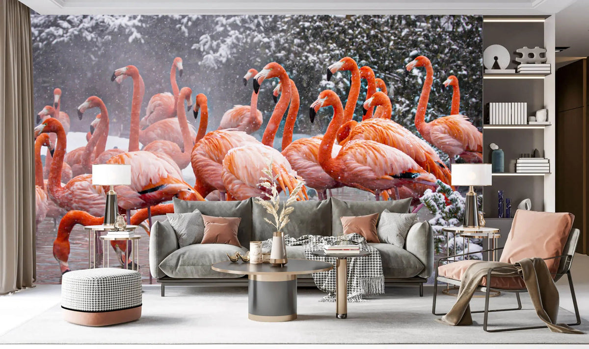 Tapet personalizat fotografie cu pasari flamingo intr un cadru de natura inzapezita snowy flamingo