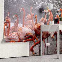 Tapet personalizat fotografie cu pasari flamingo intr un cadru de natura inzapezita snowy flamingo