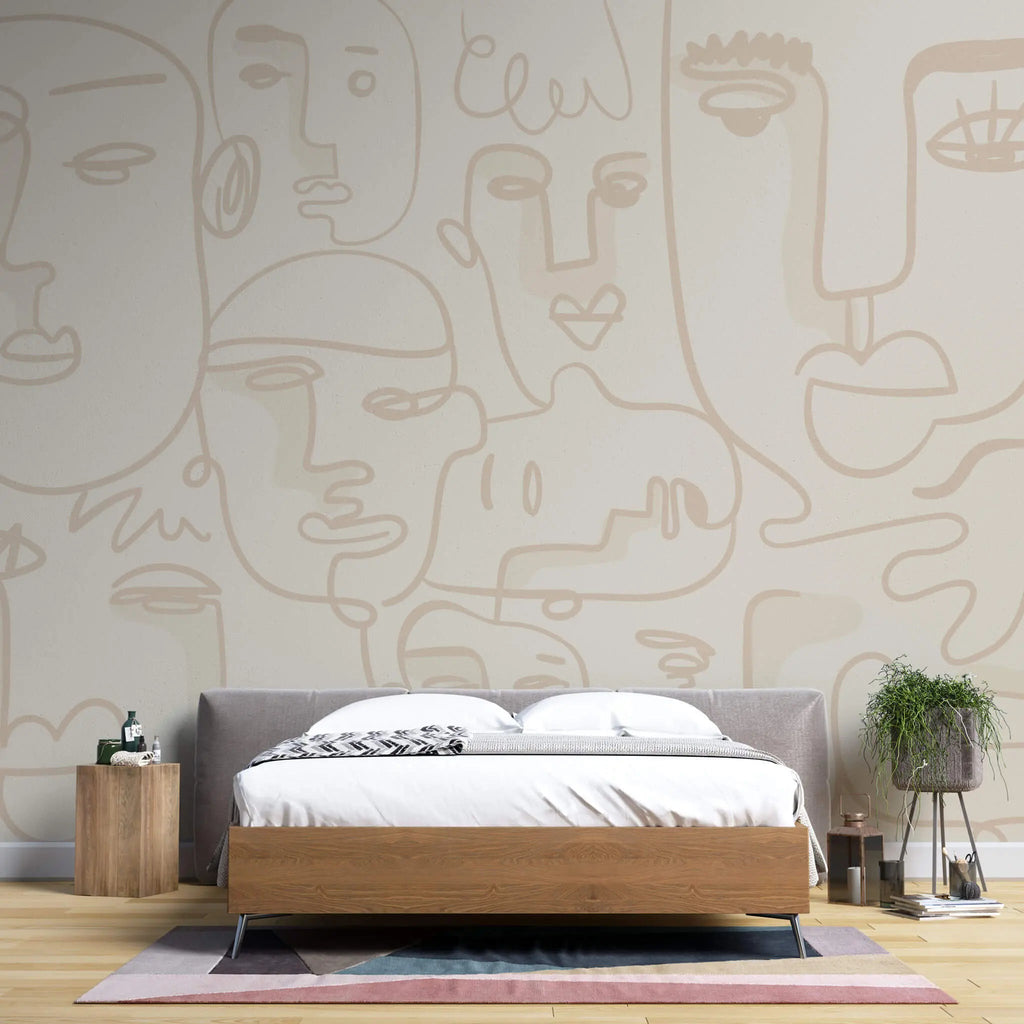 Tapet personalizat line art cu fete in nuante de bej face line art