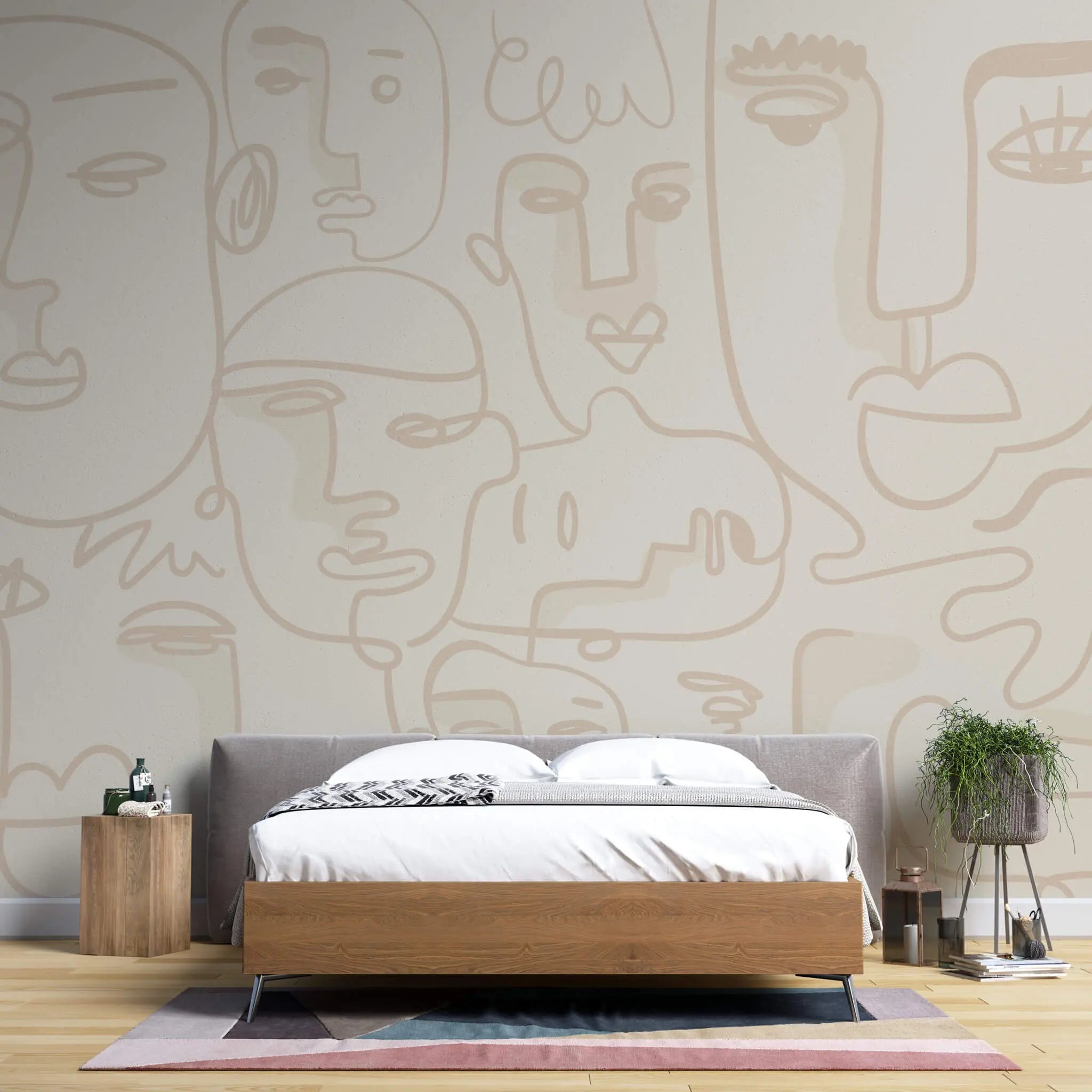 Tapet personalizat line art cu fete in nuante de bej face line art