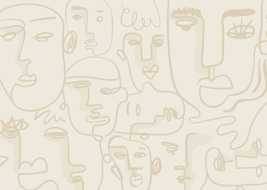 Tapet personalizat line art cu fete in nuante de bej face line art