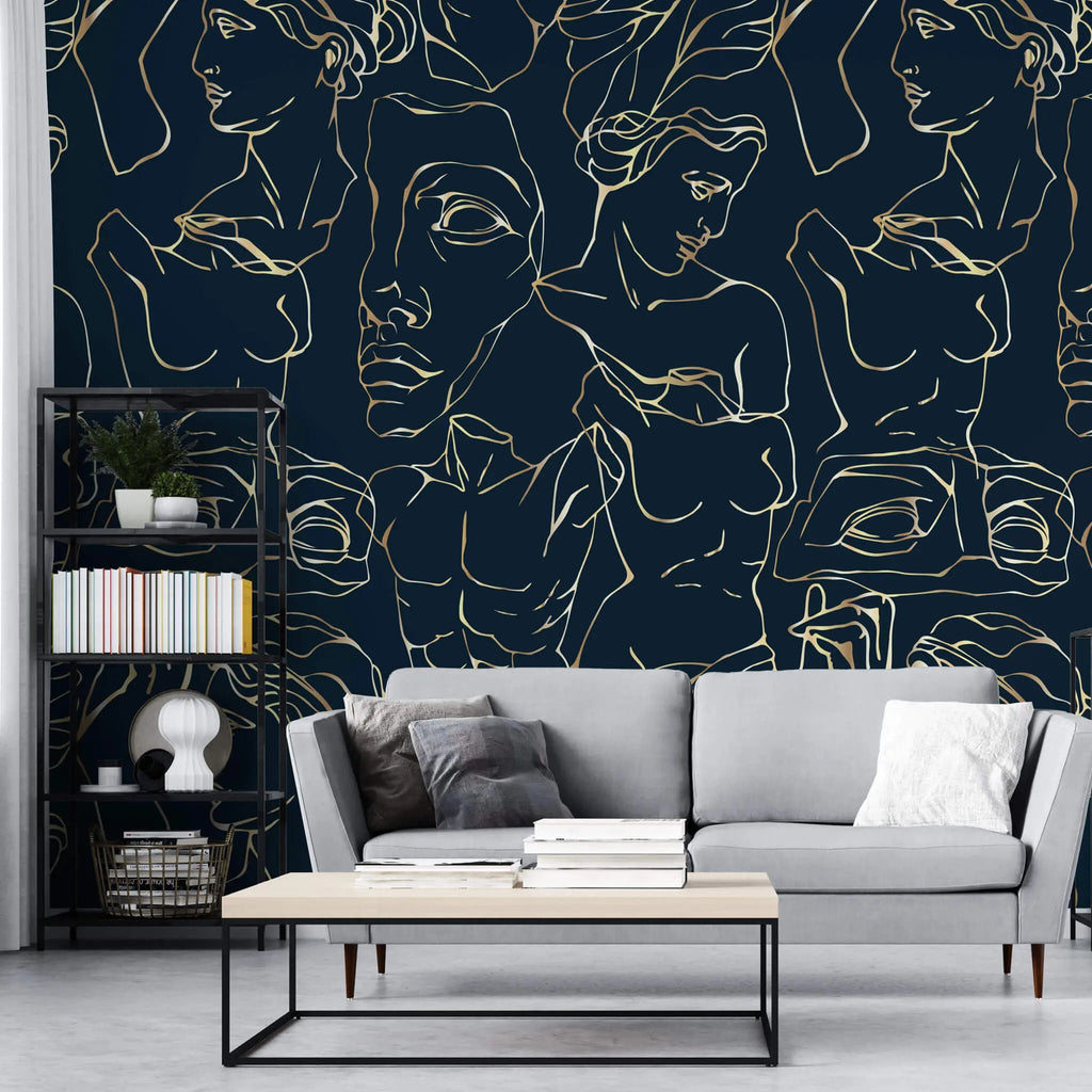 Tapet personalizat line art cu statui grecesti aurii pe fundal bleumarin golden greek sculpture