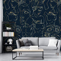 Tapet personalizat line art cu statui grecesti aurii pe fundal bleumarin golden greek sculpture