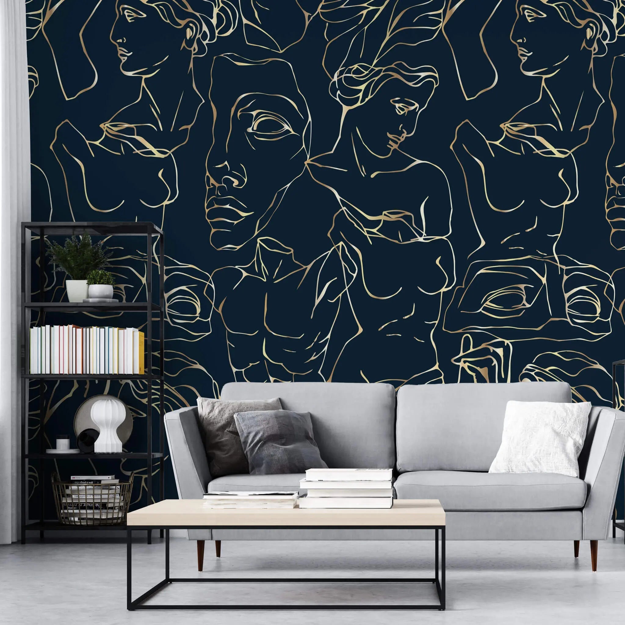 Tapet personalizat line art cu statui grecesti aurii pe fundal bleumarin golden greek sculpture