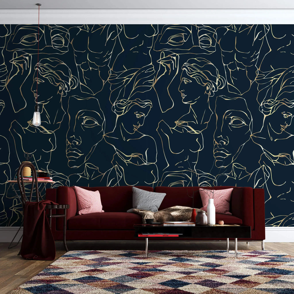 Tapet personalizat line art cu statui grecesti aurii pe fundal bleumarin golden greek sculpture
