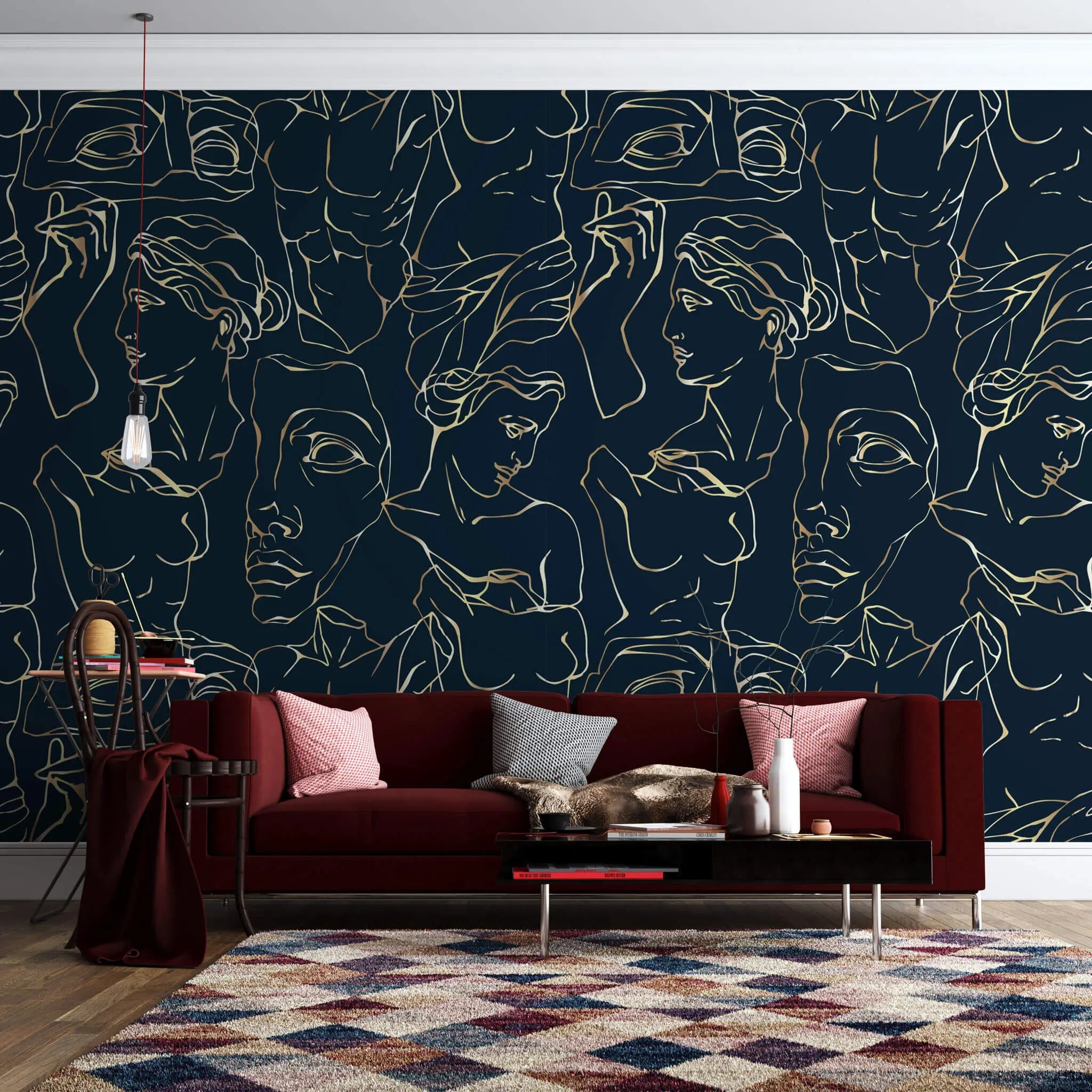 Tapet personalizat line art cu statui grecesti aurii pe fundal bleumarin golden greek sculpture