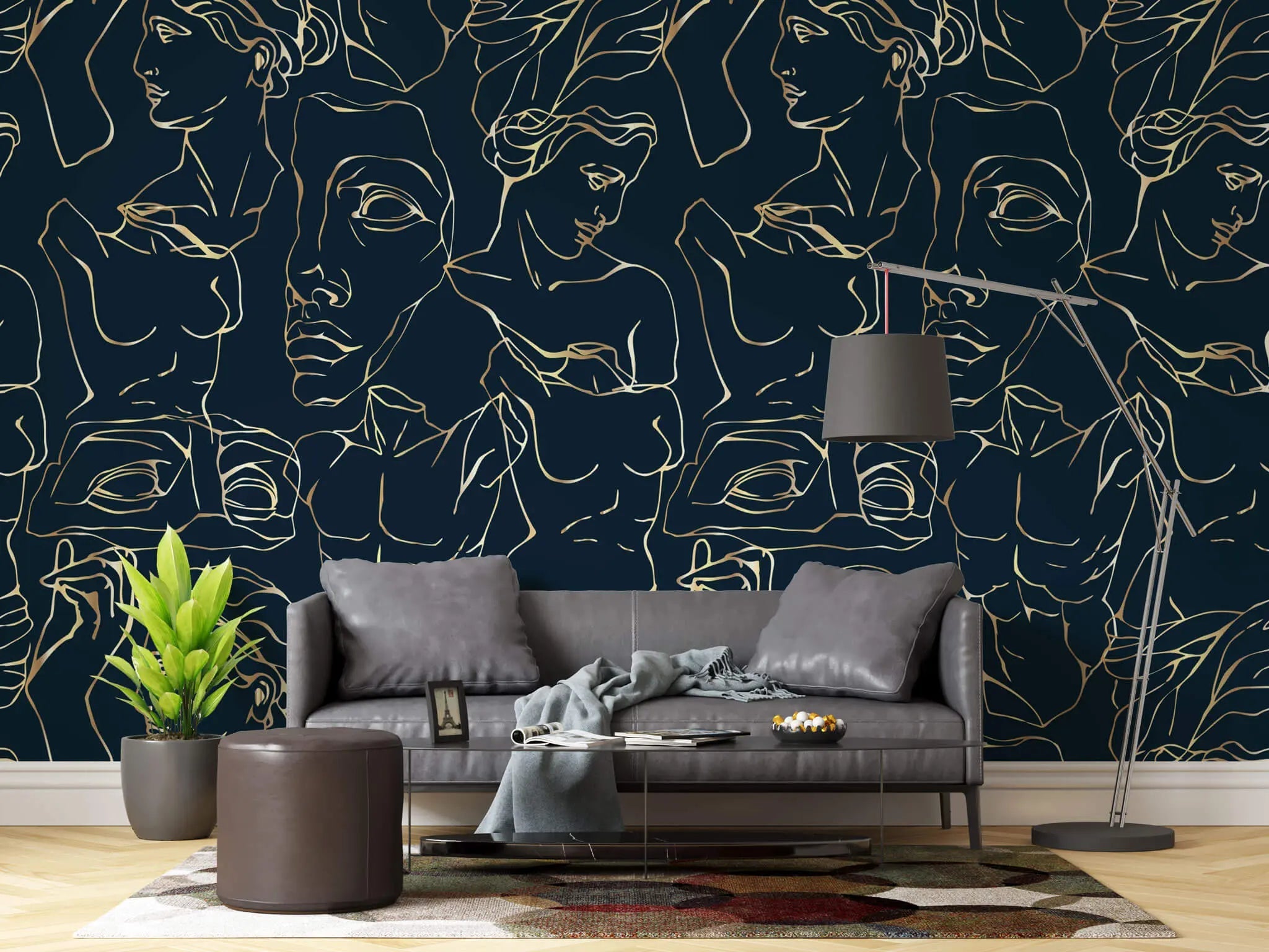 Tapet personalizat line art cu statui grecesti aurii pe fundal bleumarin golden greek sculpture