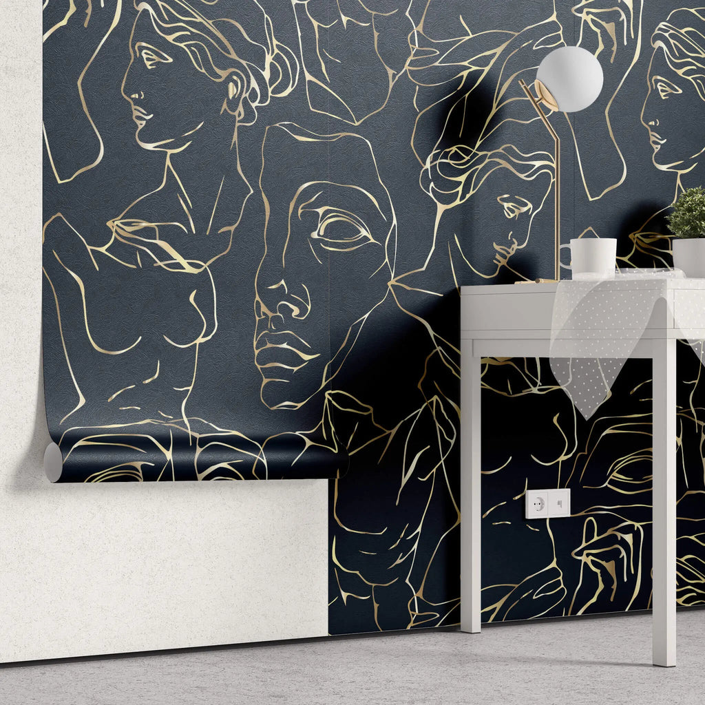 Tapet personalizat line art cu statui grecesti aurii pe fundal bleumarin golden greek sculpture