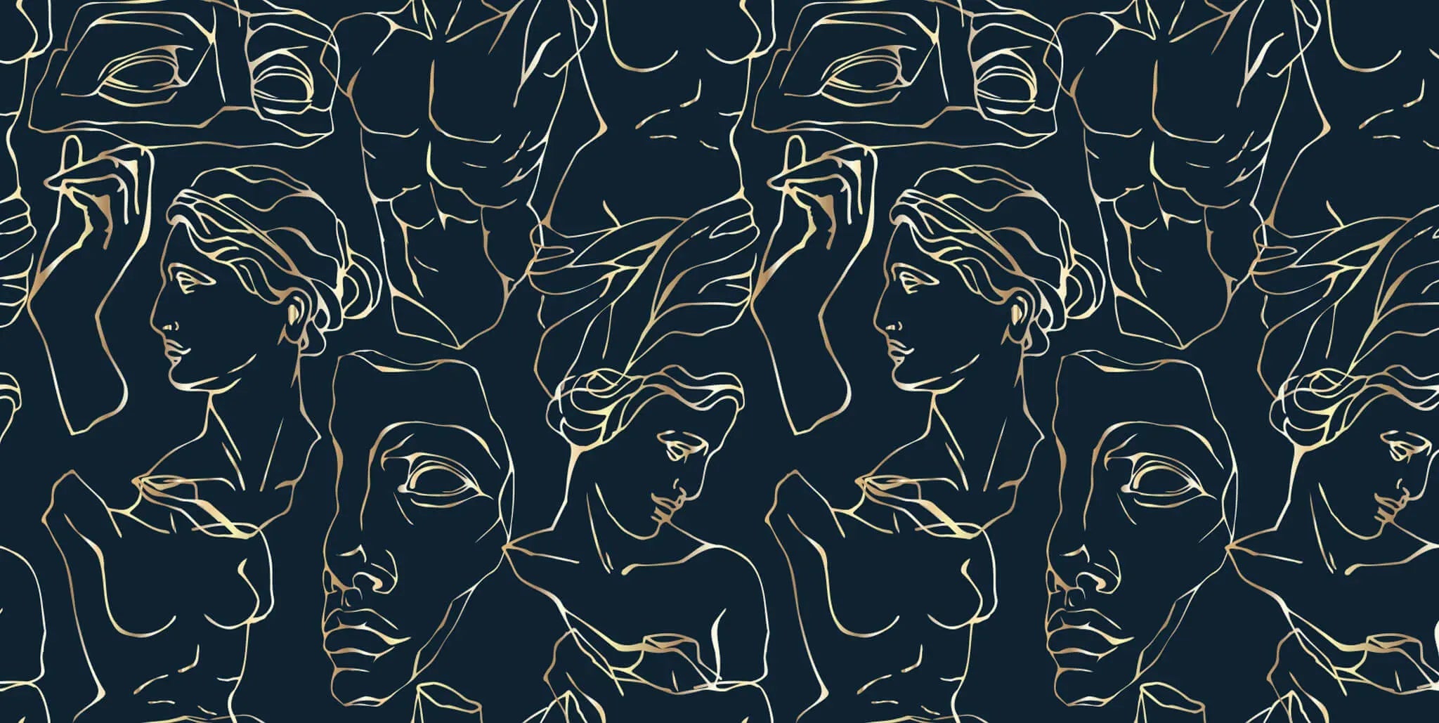 Tapet personalizat line art cu statui grecesti aurii pe fundal bleumarin golden greek sculpture