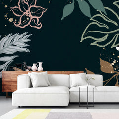 Tapet personalizat line art cu frunze colorate pe un fundal inchis dark leaves