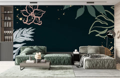 Tapet personalizat line art cu frunze colorate pe un fundal inchis dark leaves