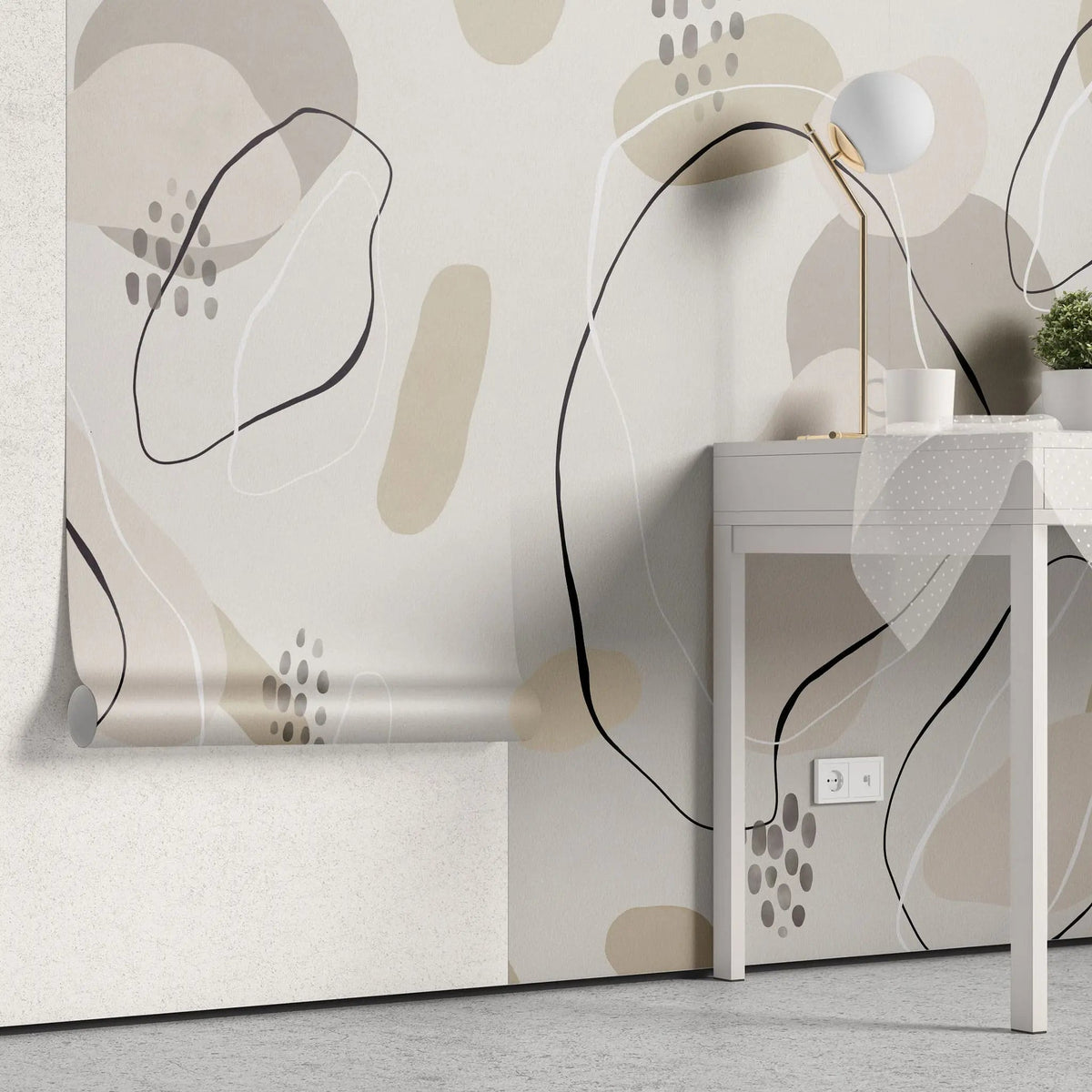 Tapet personalizat line art cu linii si puncte in nuante de bej si roz pudrat lines & dots