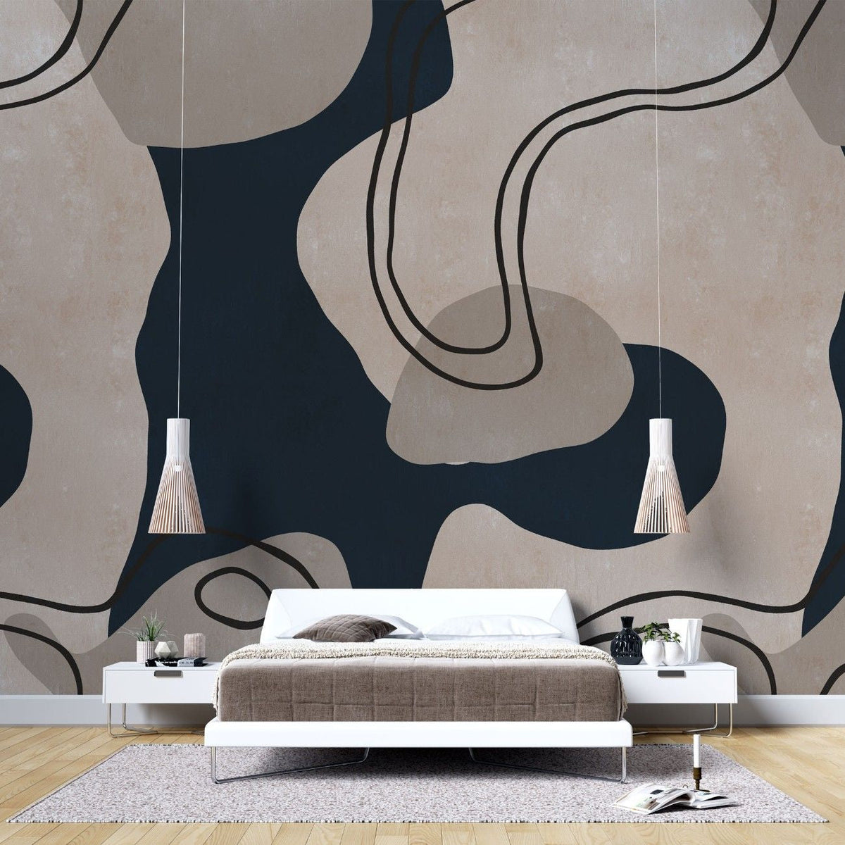 Tapet personalizat line art cu design integrat intr un pattern jucaus in nuante de albastru marin si bej