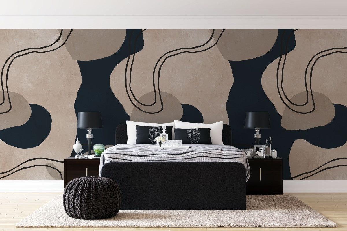 Tapet personalizat line art cu design integrat intr un pattern jucaus in nuante de albastru marin si bej
