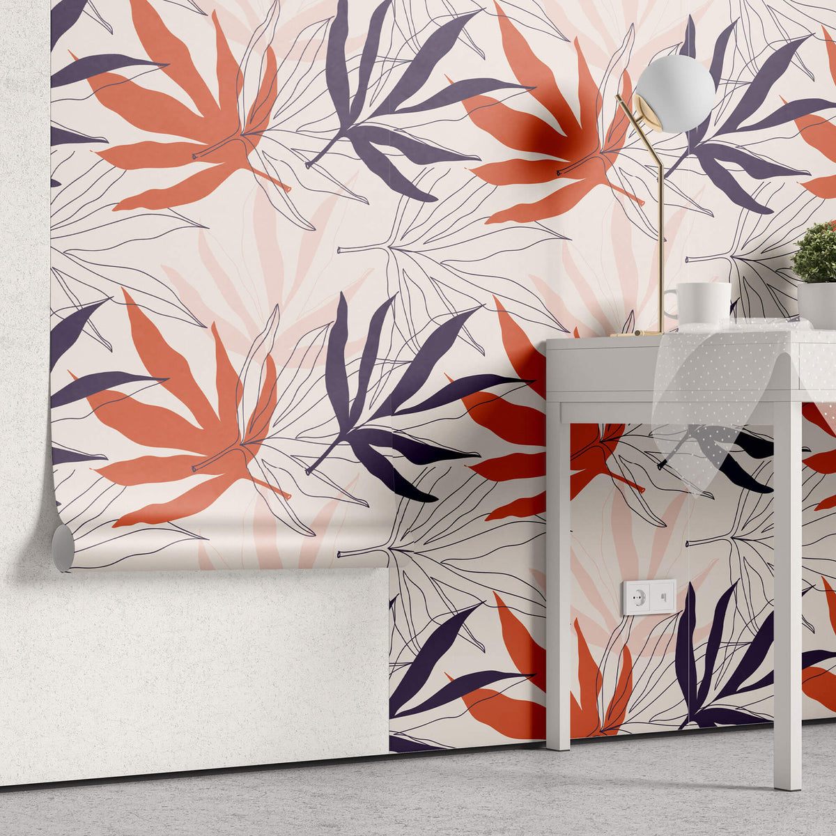 Tapet personalizat Line Art cu frunze in nuante corai desenate in stil line art - CORAL LEAVES