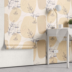 Tapet personalizat Line Art cu plante si fete minimaliste realizate in stil line art - LEAF PORTRAIT