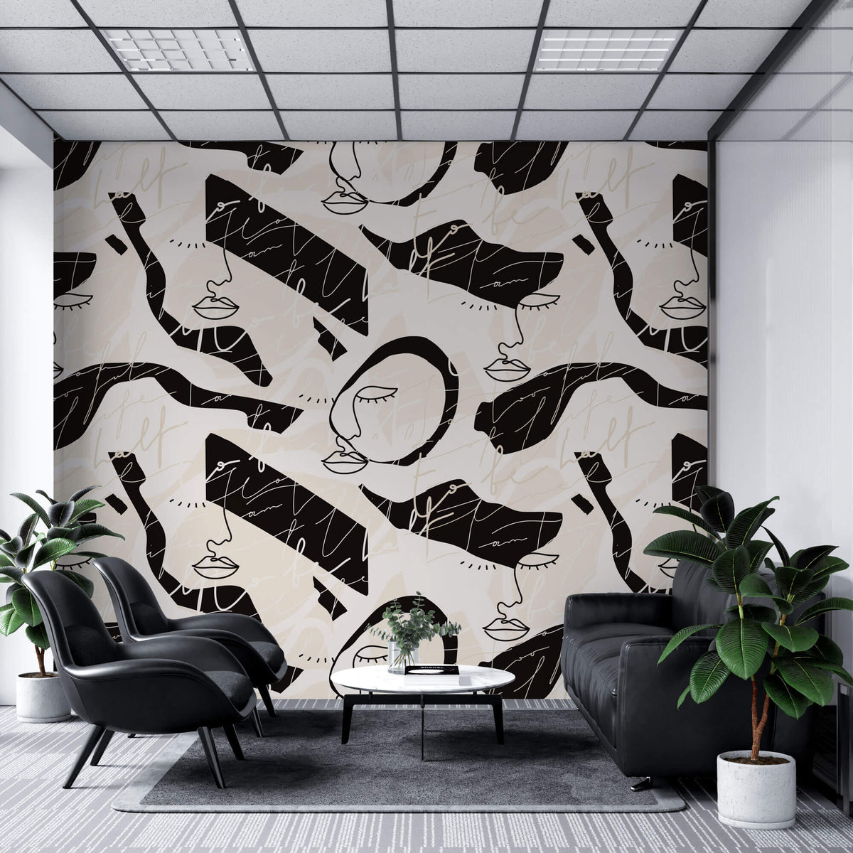 Tapet personalizat Line Art cu portrete feminine si scris italic in nuante de bej si negru - WRITING ART