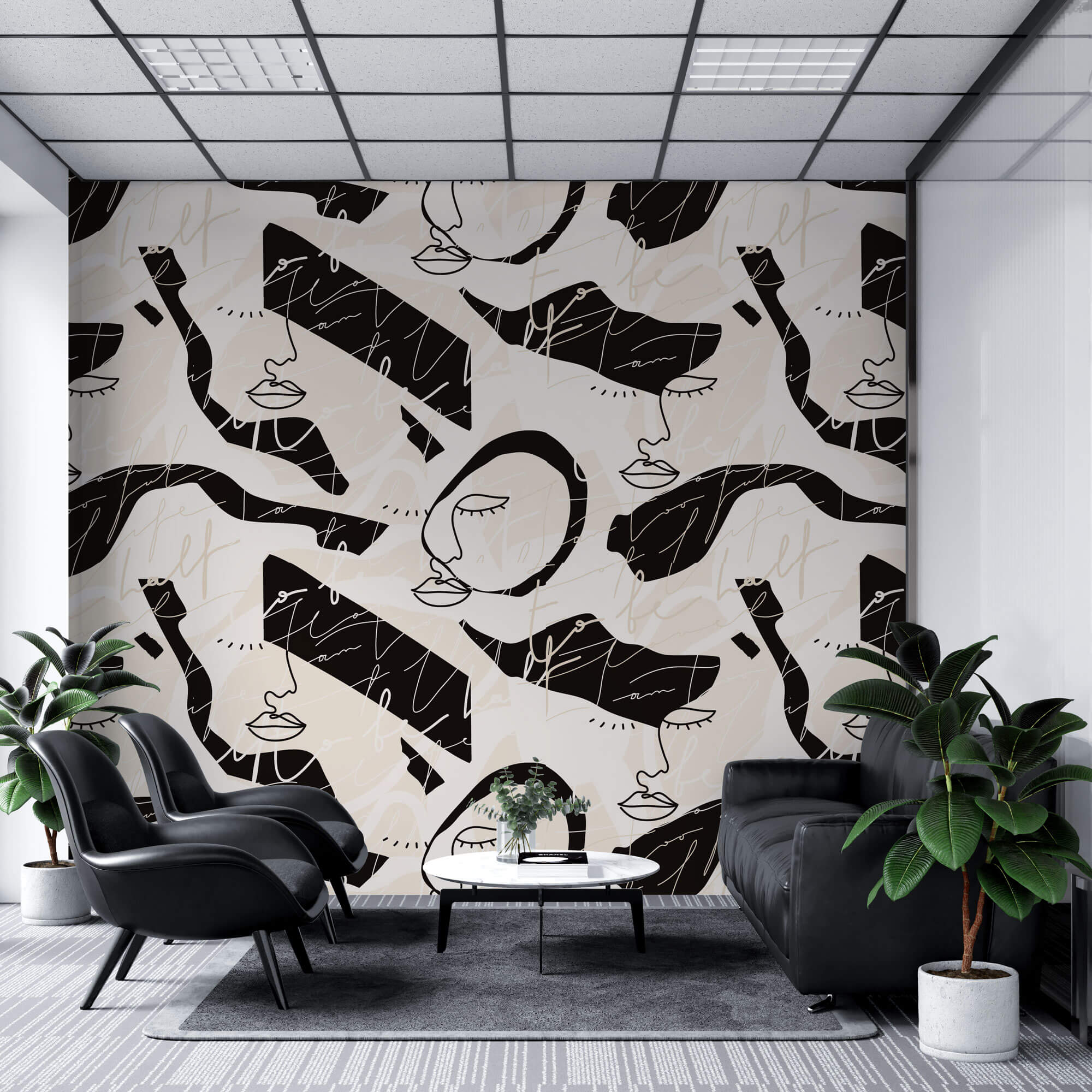 Tapet personalizat Line Art cu portrete feminine si scris italic in nuante de bej si negru - WRITING ART