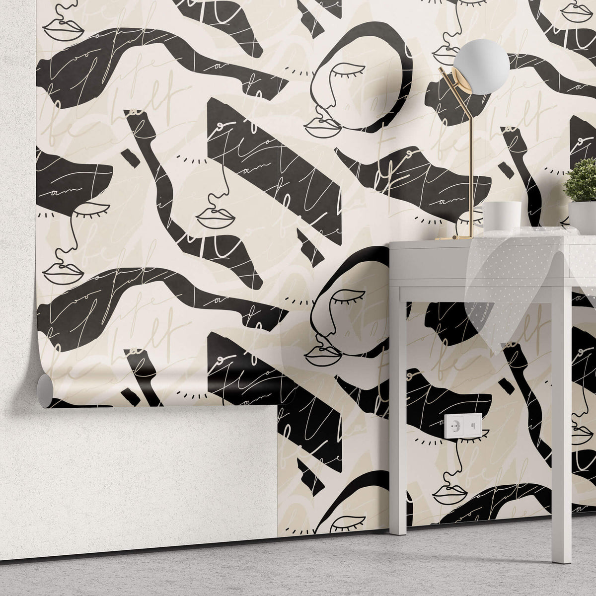 Tapet personalizat Line Art cu portrete feminine si scris italic in nuante de bej si negru - WRITING ART