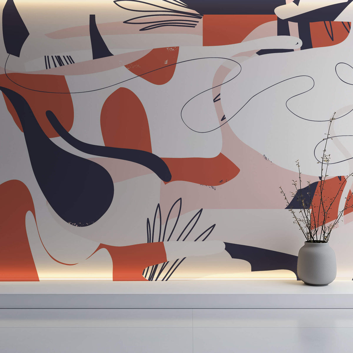 Tapet personalizat Line Art cu elemente abstracte in nuante vivide de corai - VIVID LINE ART