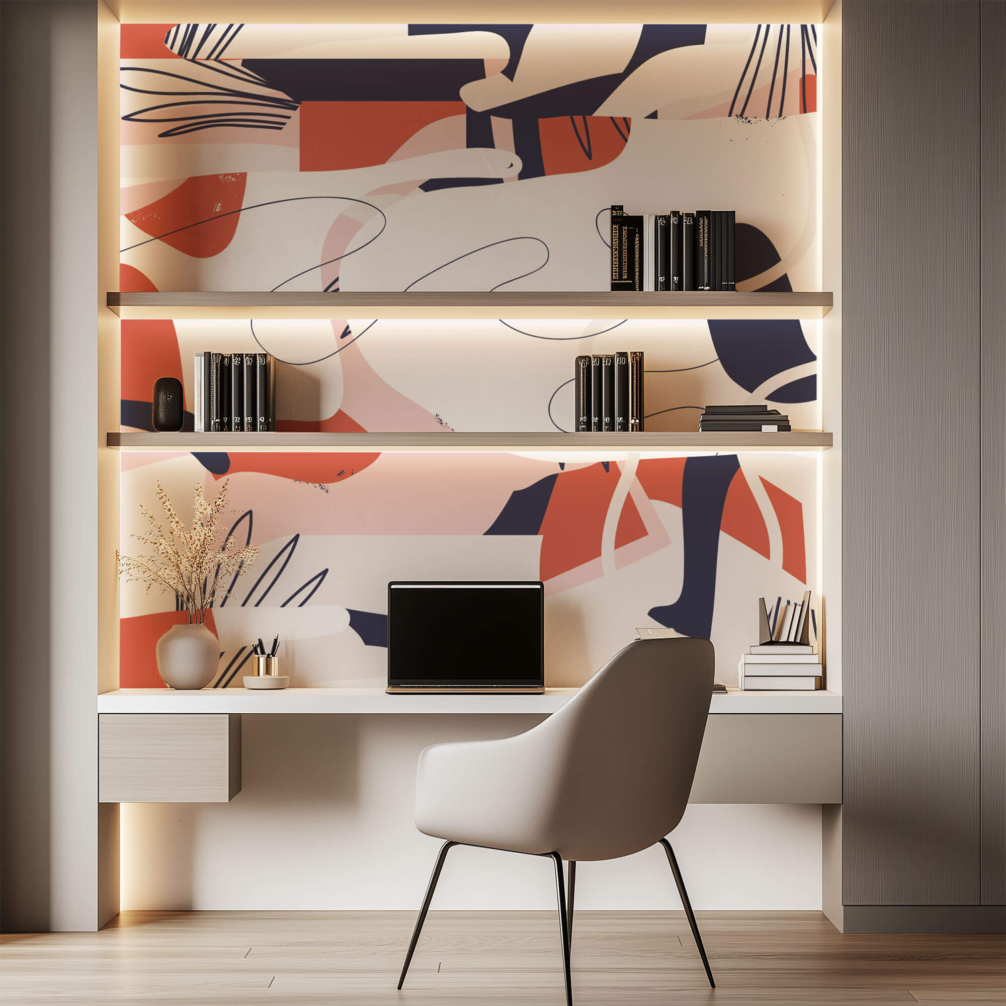 Tapet personalizat Line Art cu elemente abstracte in nuante vivide de corai - VIVID LINE ART