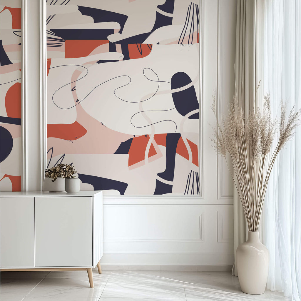 Tapet personalizat Line Art cu elemente abstracte in nuante vivide de corai - VIVID LINE ART