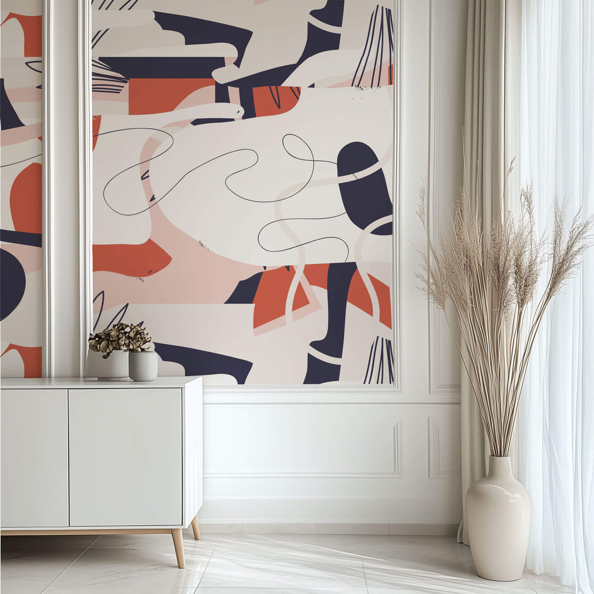 Tapet personalizat Line Art cu elemente abstracte in nuante vivide de corai - VIVID LINE ART